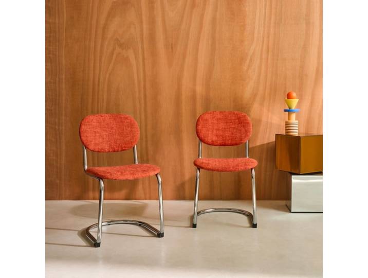 Chaise cantilever métal, tissu chenille orange