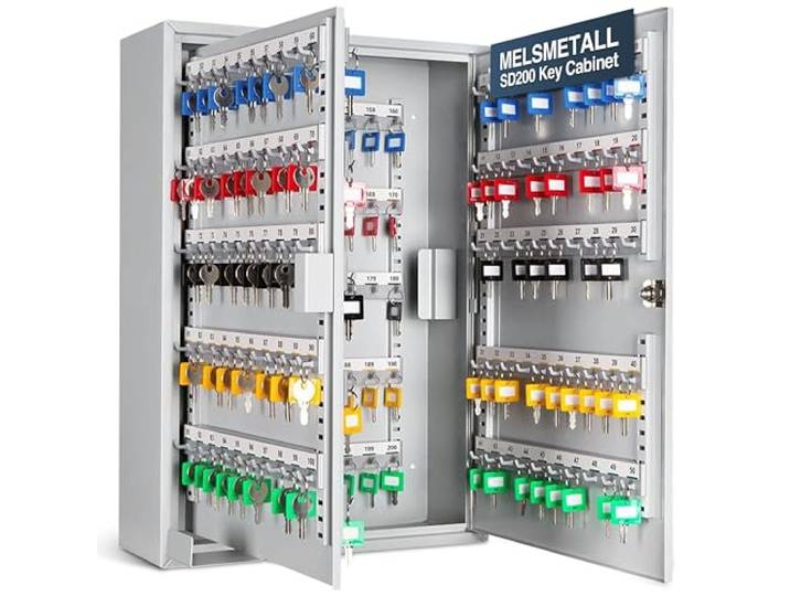 Melsmetall Schlüsselkasten SD200 – Schlüsselschrank mit 200 Haken Schlüsselbox aus Stahl, abschließbarer Safe, magnetische Außenseite, höhenverstellbare Leisten, Wandmontage (55x38x14cm)