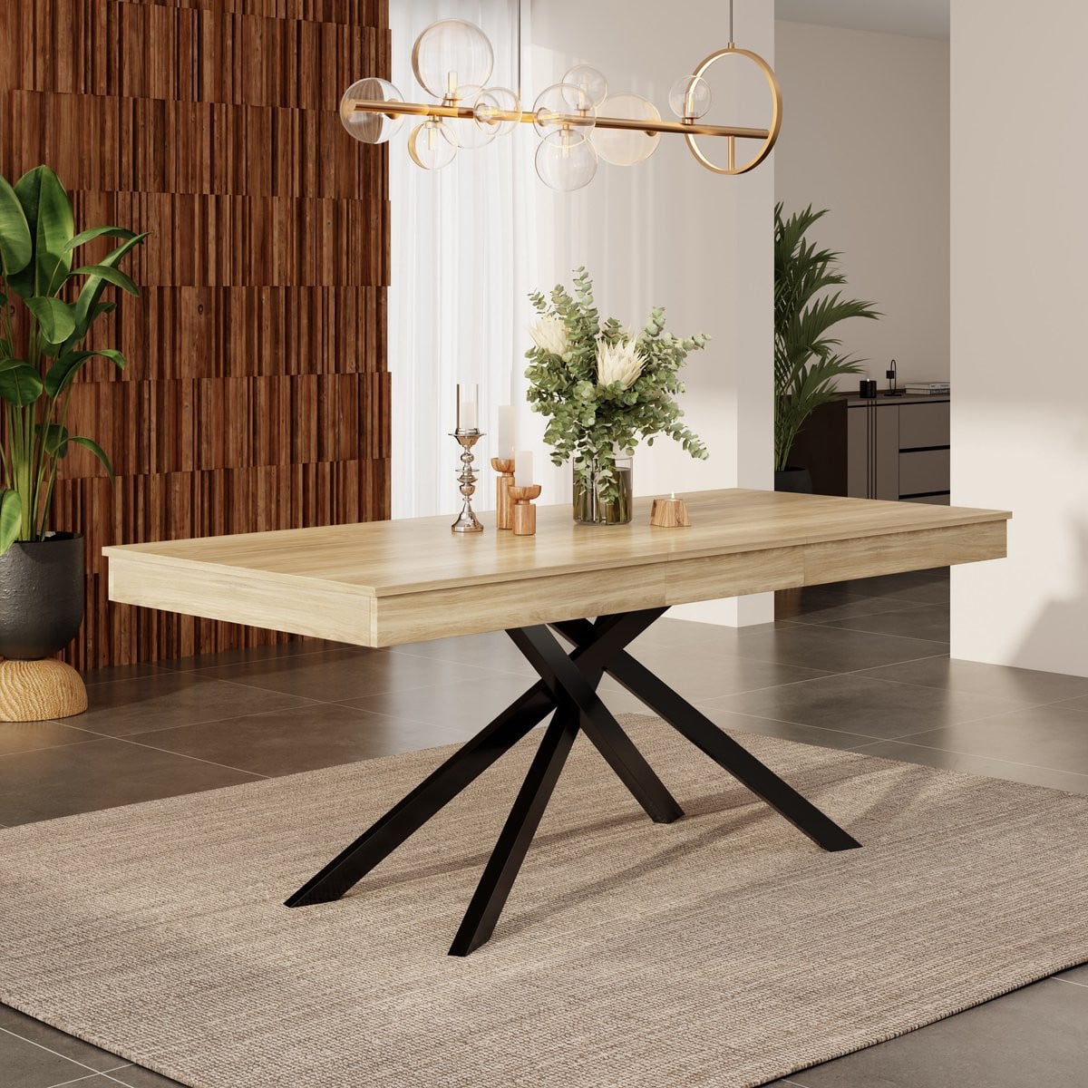 Sweiko Uitschuifbare Eettafel met Houtnerf en Metalen Poten, Natuurlijk