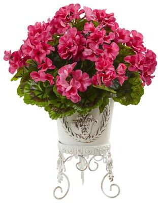 Nearly Natural Pink Silk UV-resistant Indoor/ Outdoor Geranium with Metal Planter