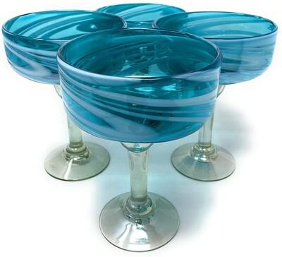 Dos Sueños Dos Suenos Mexican Hand Blown Glass - Set of 4 Hand Blown Margarita Glasses Aqua Swirl (16 oz)