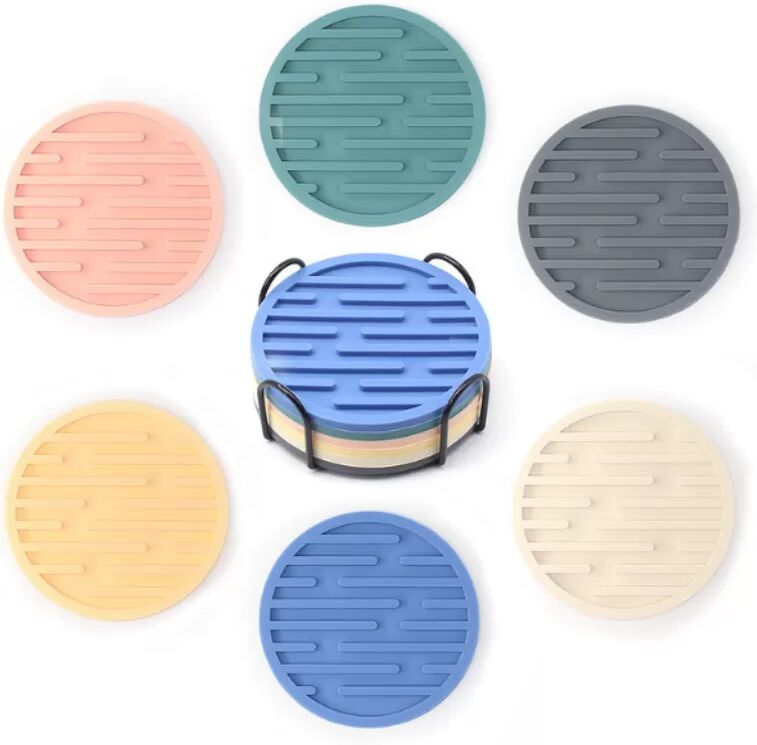 INF Ensemble de 6 dessous de verre en silicone avec support en métal