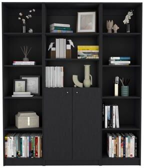 Toswin Black Modern Wooden 2-door Bookcase and 2 Slim Bookcases, 3-Piece Living Room Set