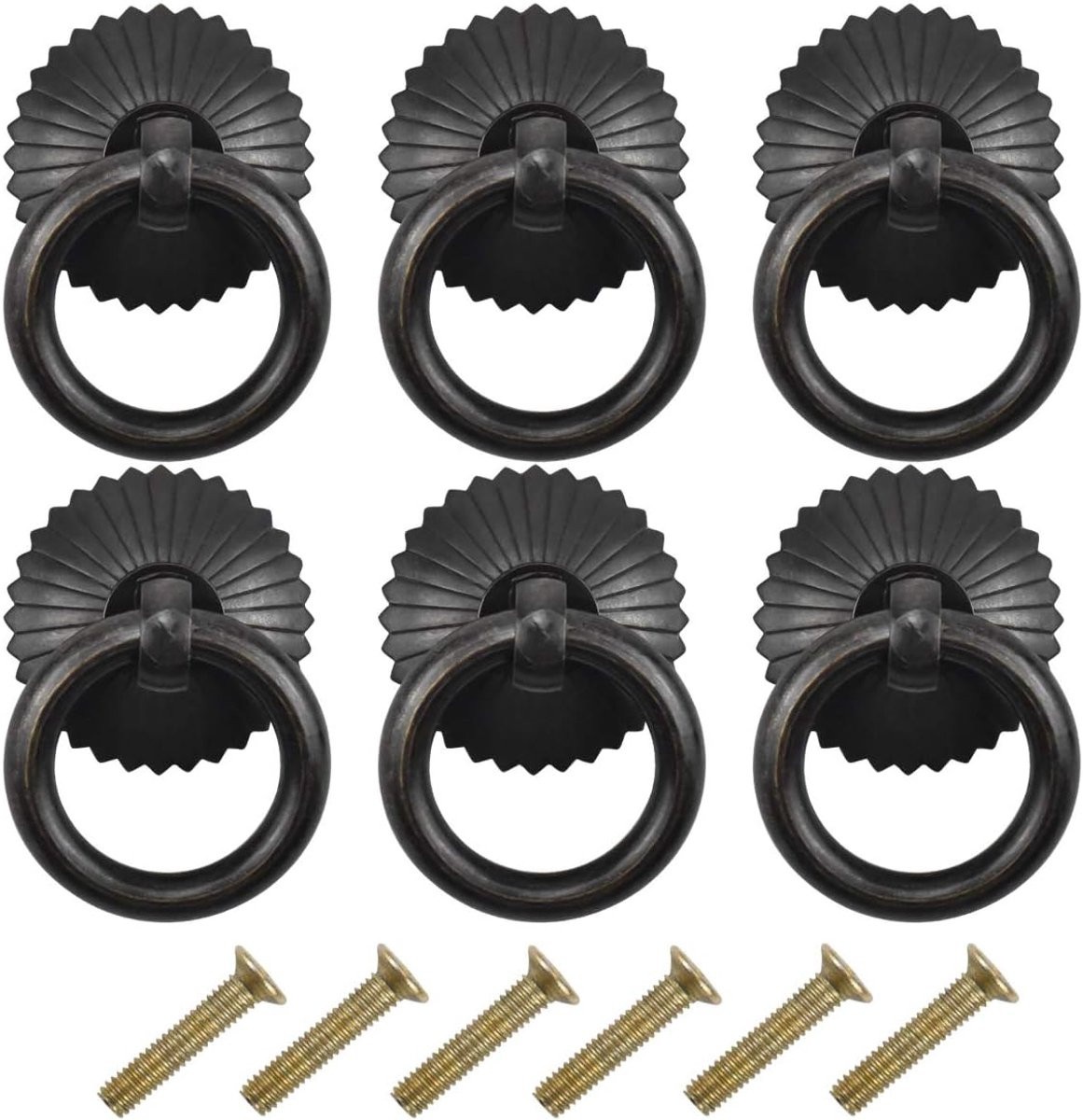 SnelShoppen Set van 6 Antieke Ladehandgrepen - Retro Ringknoppen in Koper - Vintage Meubelhandvatten voor Keuken en Badkamer - 30mm