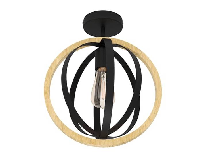 Eglo Plafonnier Basildon\, lampe de plafond rond pour salon et chambre FSCM70HB\, luminaire avec cercles en bois naturel et métal noir\, douille E27