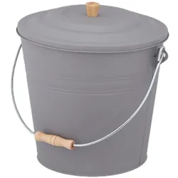 Relaxdays Ascheeimer mit Deckel, 12 Liter, Kamineimer, Stahl & Holz, Aschebehälter mit Henkel, Kamin, Ofen & Grill, grau