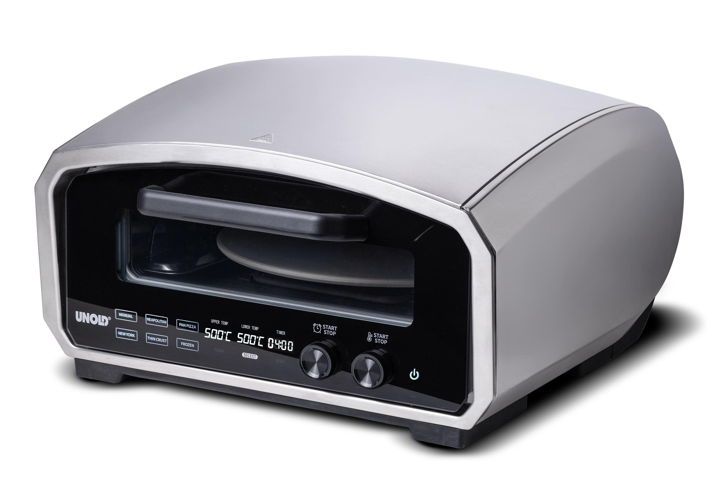 Unold 68916 Pizzaofen Enzo elektrisch rotierender Pizzastein ca. 500 °C, 6 Programme, für innen und außen, inkl. Pizzaschieber und Pizzastein, 2100 W