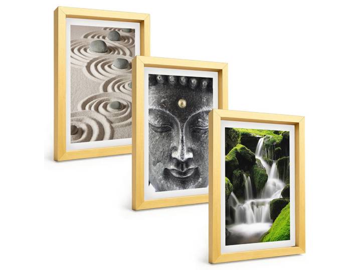 Tulup Bilder SET 3er Set - 20x30 cm Goldrahmen - Der Frieden der Steine des Buda Zen-Wasserfalls, Goldfarben, Kunststoff, Rechteckig, 20x30 cm, einfache und schnelle Anbringung, Bilder & Rahmen, Bilder