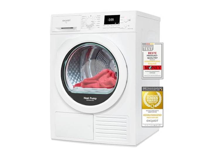 Exquisit Wärmepumpentrockner 9kg - leise Trocknung mit Knitterschutz, digitaler Anzeige & Schuhtray - TWP903-410 weiss