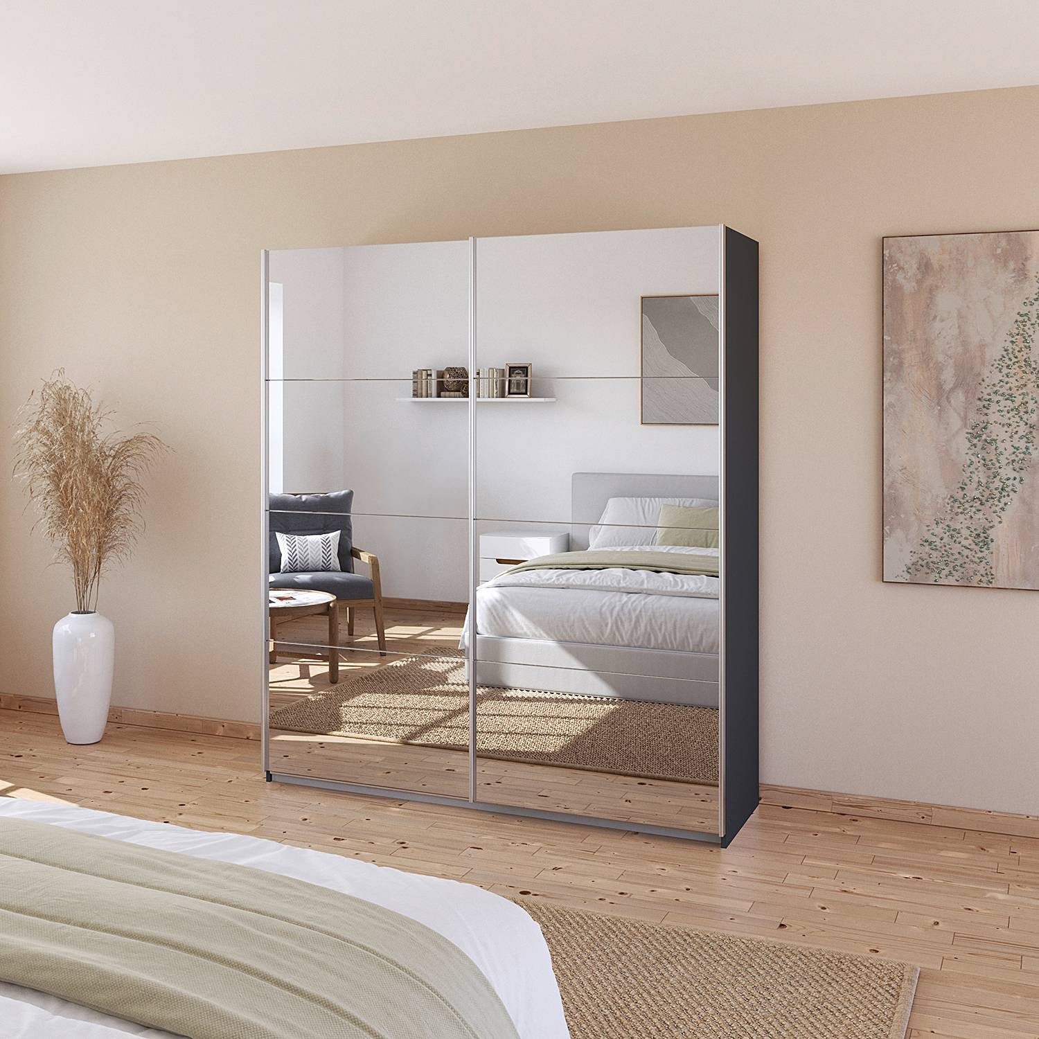 home24 Zweefdeurkast met spiegel en LED-verlichting, grijs/metallic grijs
