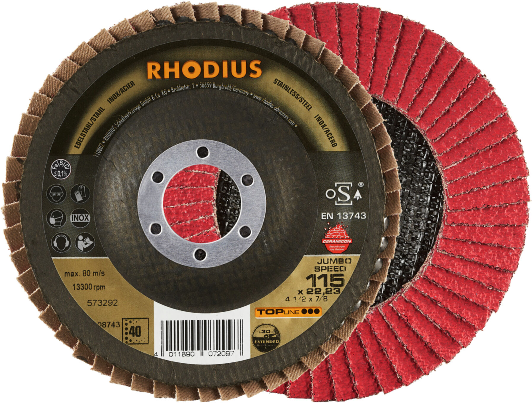 RHODIUS TOPline JUMBO SPEED EXTENDED Fächerschleifscheibe 115 x 22,23 mm K40 (208743)