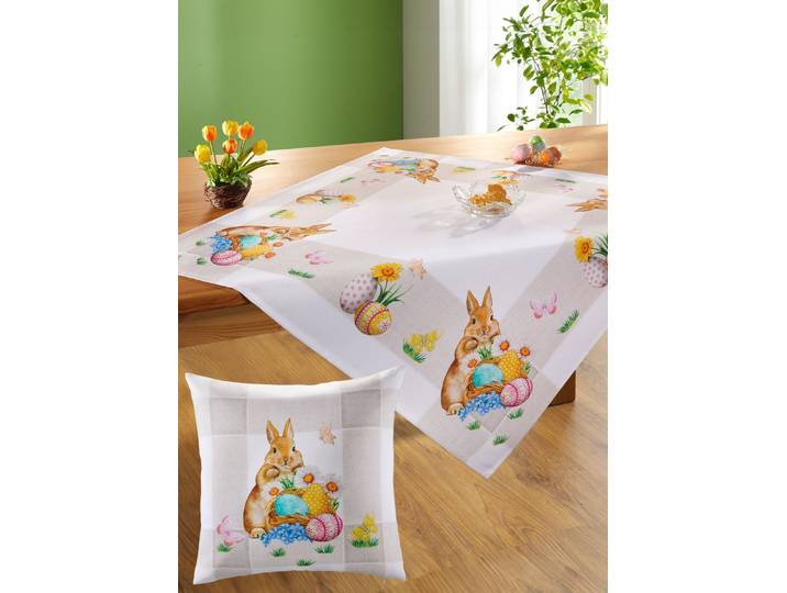 Zauberhafte Tischdecke mit niedlichen Ostermotiven, Bunt, Größe 190 (Tischdecke, 110x110 cm)