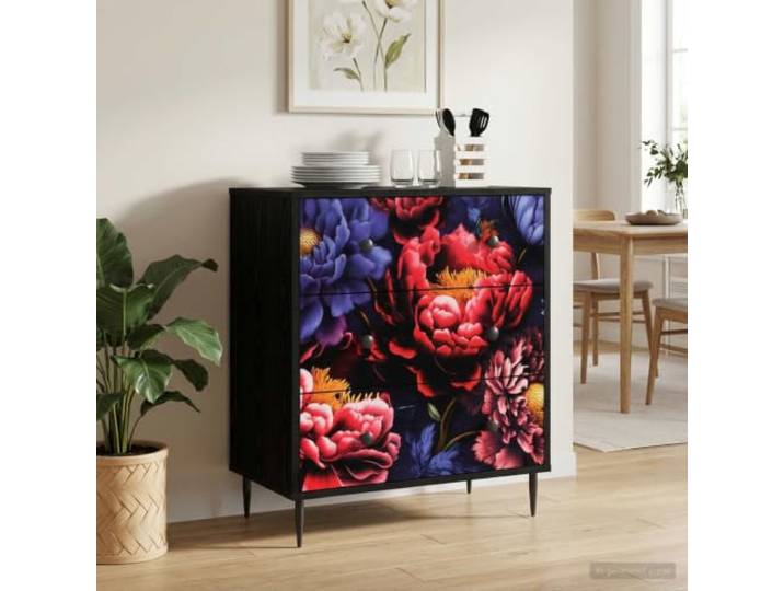 KGHFDVB Kommode Kiel Dunkler Pfingstrosen-Druck 66 x 36,5 x 76 cm 3 Schubladen, Holzwerkstoff, erhöhte Füße, matte Stahlgriffe, für Schlafzimmer und Wohnzimmer