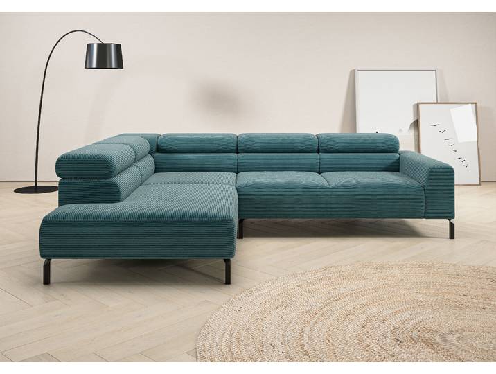 Ecksofa, Cord, Petrol, 276×219 cm, Elektrische Sitztiefenverstellung, Modern, Places of Style