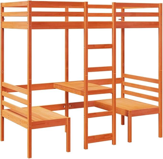 Hochbett mit Schreibtisch und Stühlen 75x190 cm, stabiles Bettgestell aus massivem Kiefernholz, platzsparendes Etagenbett mit Lattenrost für kleine Zimmer, Wachsbraun