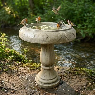 Meedzom 23.2 Inch Concrete Pedestal Bird Bath w/Floral Embossed Vintage Design