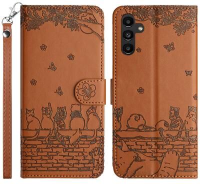 Inspired Deals Cute Cat Embossed Wallet Phone Case For Samsung Galaxy With Card Holder And Lanyard For Samsung Galaxy S24 brown
