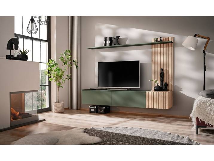ASM-Moebel Wohnwand Schrankwand Solo CAS mit Lamellen und Push-Click System, Mit Lamellenoptik und Push-Click System