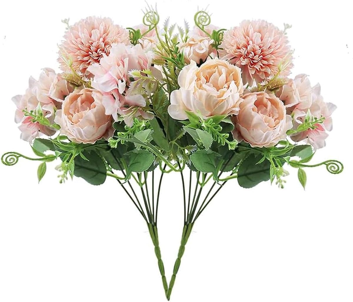 SnelShoppen Set van 2 Realistische Kunstbloemen Boeket met Pioenrozen en Hortensia's in Roze en Zwart van Textiel