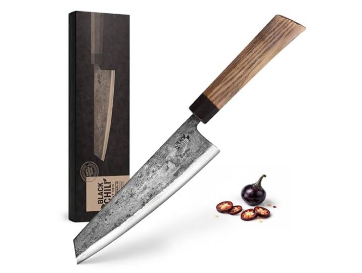 Black Chili Kochmesser (Chefmesser) mit Holzgriff aus gebeizter Esche & 19 cm Carbonstahl Klinge Profi Messer im Kiritsuke & Bunka Stil Extrem scharf & handgeschmiedet BLACK-PEARL-19