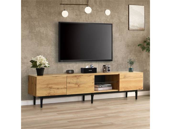 Meuble TV 175cm LED RGB - Portes Cases Rangement - Noir Bois Scandinave - Banc Moderne - Salon Élégant