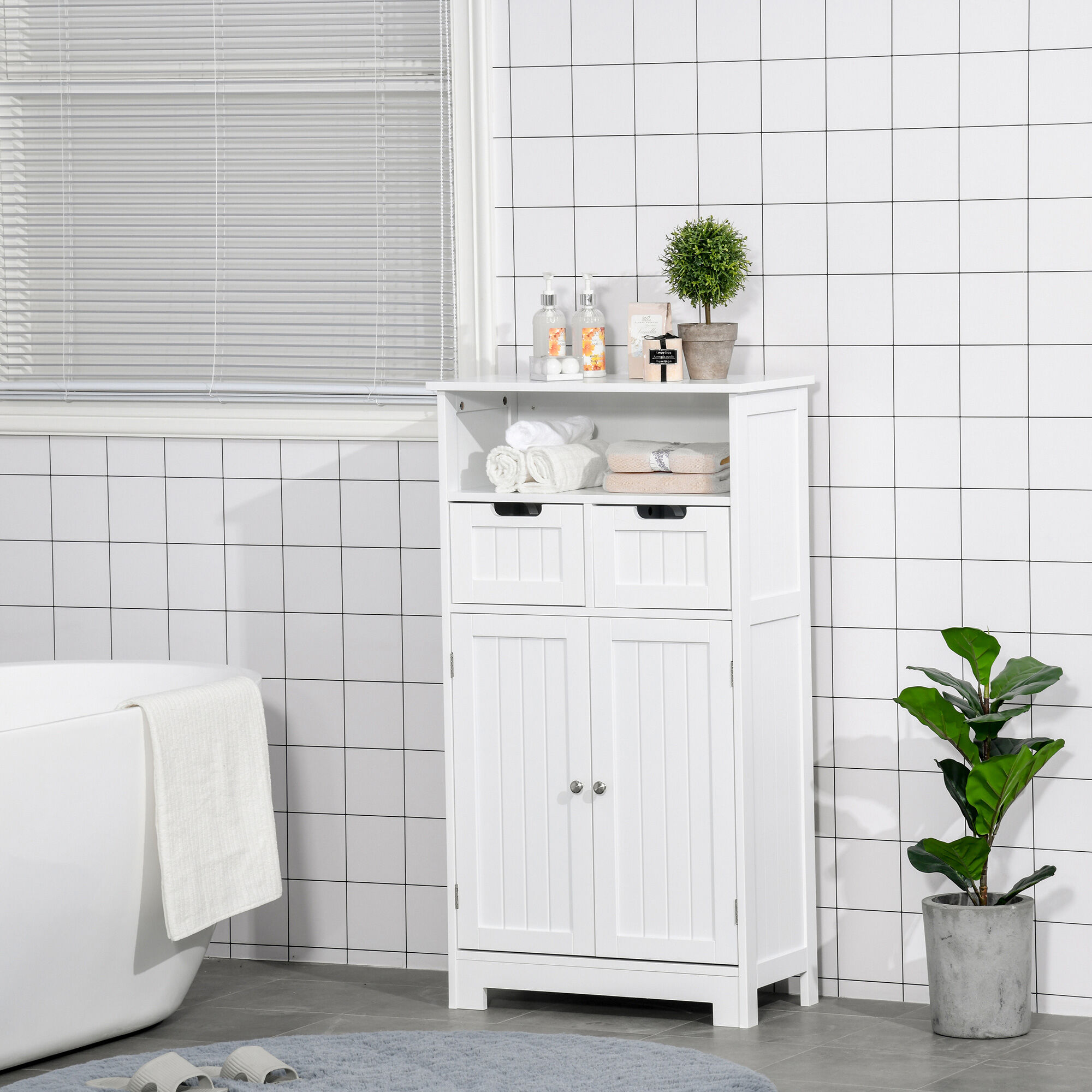 Altro Mobile Bagno Multiuso Salvaspazio, Armadietto Da Bagno Con Armadietto 2 Ante, Mensola E 2 Cassetti Regolabili, 60x30x108.8cm, Bianco