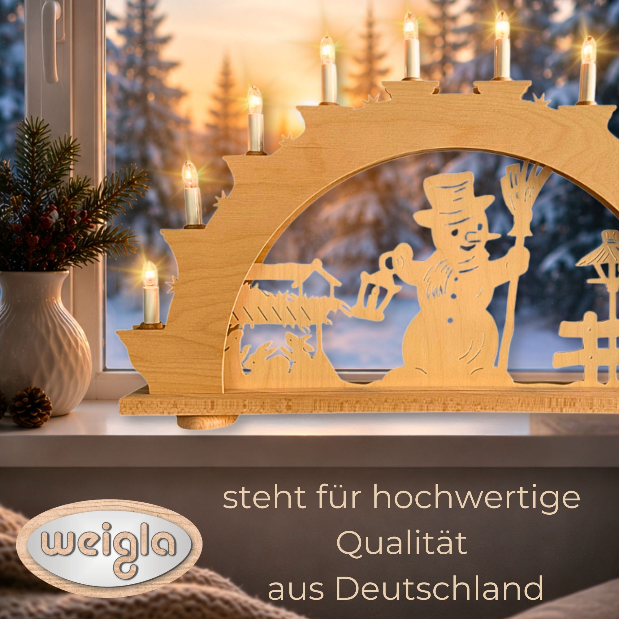 Schwibbogen WEIGLA "Schneemannzauber, Lichterbogen aus Holz, NATUR", braun (natur), B:66cm H:40,5cm T:6cm, Holzwerkstoff, Schwibbögen, Schwibbogen