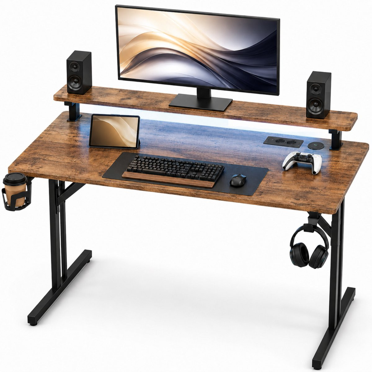 Five Stars Game Bureau met RGB LED Verlichting - Rustieke Houtlook - Gaming Desk - B/D/H: 100 x 50 x 75 cm