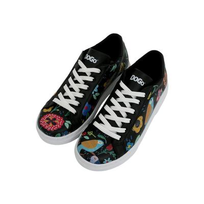 Sneaker DOGO "Ace Low-Top Sneaker Flowers & Birds Black Damen Sneaker", Damen, Gr. 38, Normalschaft, schwarz, Lederimitat, Schuhe Sneaker, Handgefertigt