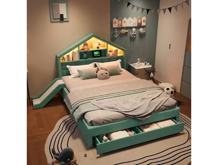 Lit cabane Norevia 140x200 cm lit enfant avec toboggan réversible tissu bleu vert tiroir et éclairage LED