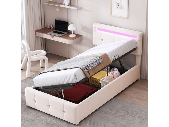 Lit enfant - SOGEU - Lit capitonné enfant - 90 x 200 cm - velours beige - LED intégrée