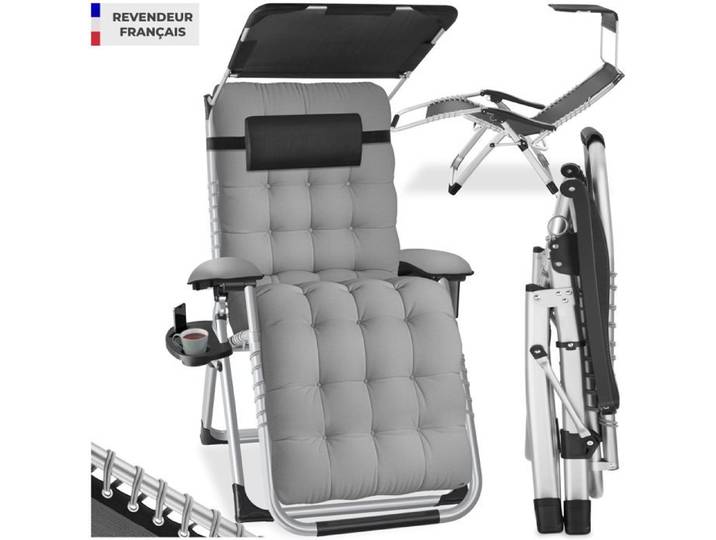 Chaise longue - TECTAKE - Transat CLOUD II pliable avec pare-soleil dossier repose-pieds réglables coussins amovibles - Gris Clair