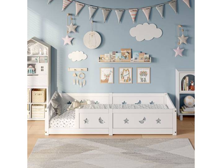 ADWOLT Lit au Sol 90x200 cm Lit Enfant au Sol avec Barriere lit Montessori Blanc