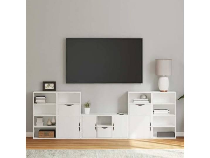 HEFZGDB ODDA Weiß Massivholz Kiefer Wohnwand mit Stauraum 5-TLG. TV-Schrank TV-Ständer Modulares Design Stabile Oberplatte