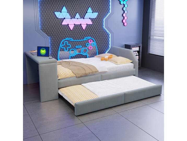 Cadre de lit 90x200cm avec lit gigogne avec Ports de Chargement USB Lit Enfant 90x200cm avec sommier à Lattes et Bureau Gris