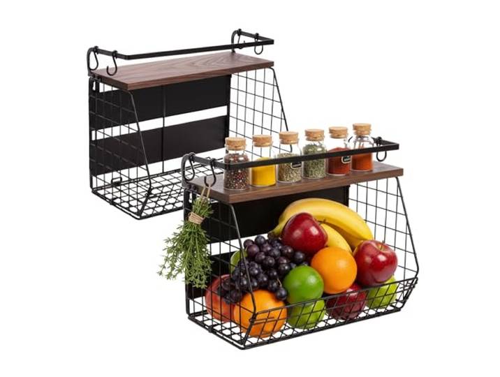 Relaxdays Obstkorb Wandregal 2er Set, Holz, Küchenorganizer magnetisch, HBT: 30x35,5x21 cm, Gitterkorb Metall, Farbe