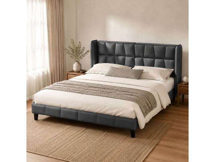 Lit rembourré adulte au design contemporain et tête de lit haute moelleuse FloraGrace 180x200 cm velours gris