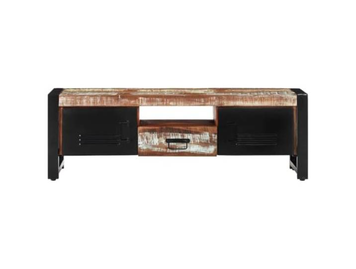 GKHPYURE TV-Schrank 120 x 30 x 40 cm aus Massivholz Massivholz, schwarzes pulverbeschichtetes Eisen, drei Fächer und eine Schublade, praktische Türen, industrieller Stil, 120 x