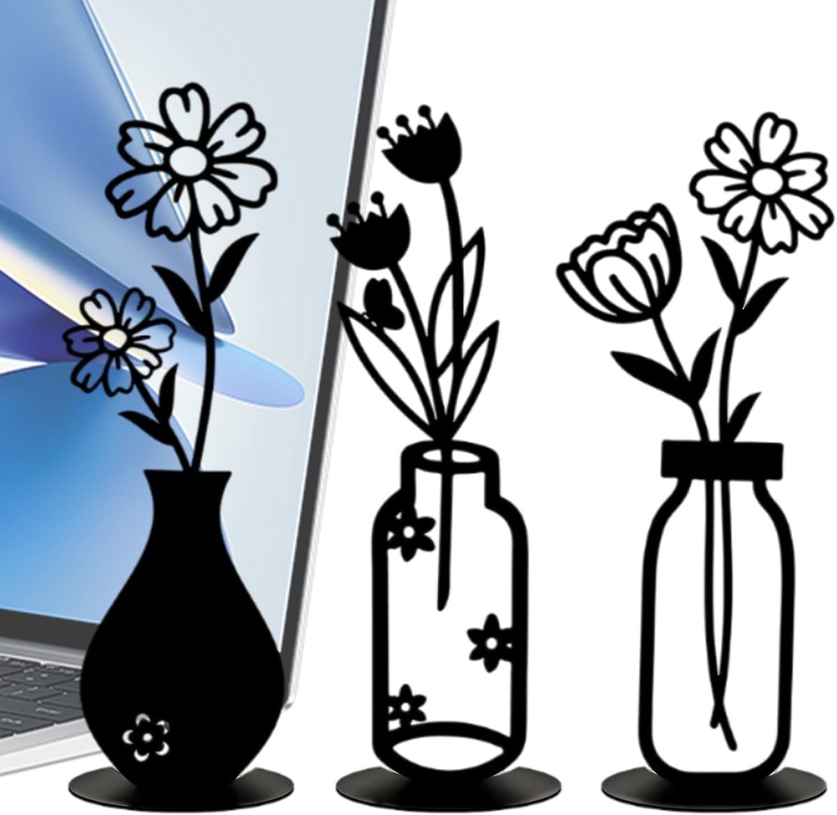 Set van 3 zwarte ijzeren wandsculpturen met bloemenmotief voor decoratie