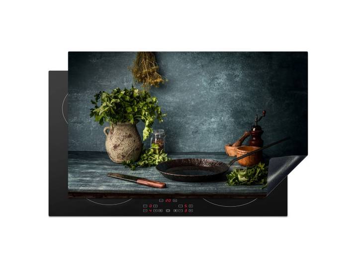 HERDABDECKPLATTE Kräuter - Gewürze - Pfanne - Messer - Grau - Rustikal Induktionsmatte 83x51 cm