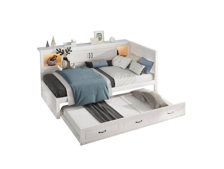 OKWISH Daybett Daybett,Tagesbett,Schlafsofa,Mit Ausziehbares Bett, Steckdose + USB (Schlafsofa,mit Fernbedienung, Ambientebeleuchtung, USB & Steckdose, Ausziehbares Bett mit Stauraum für Kinderzimmer), ohne Matratze