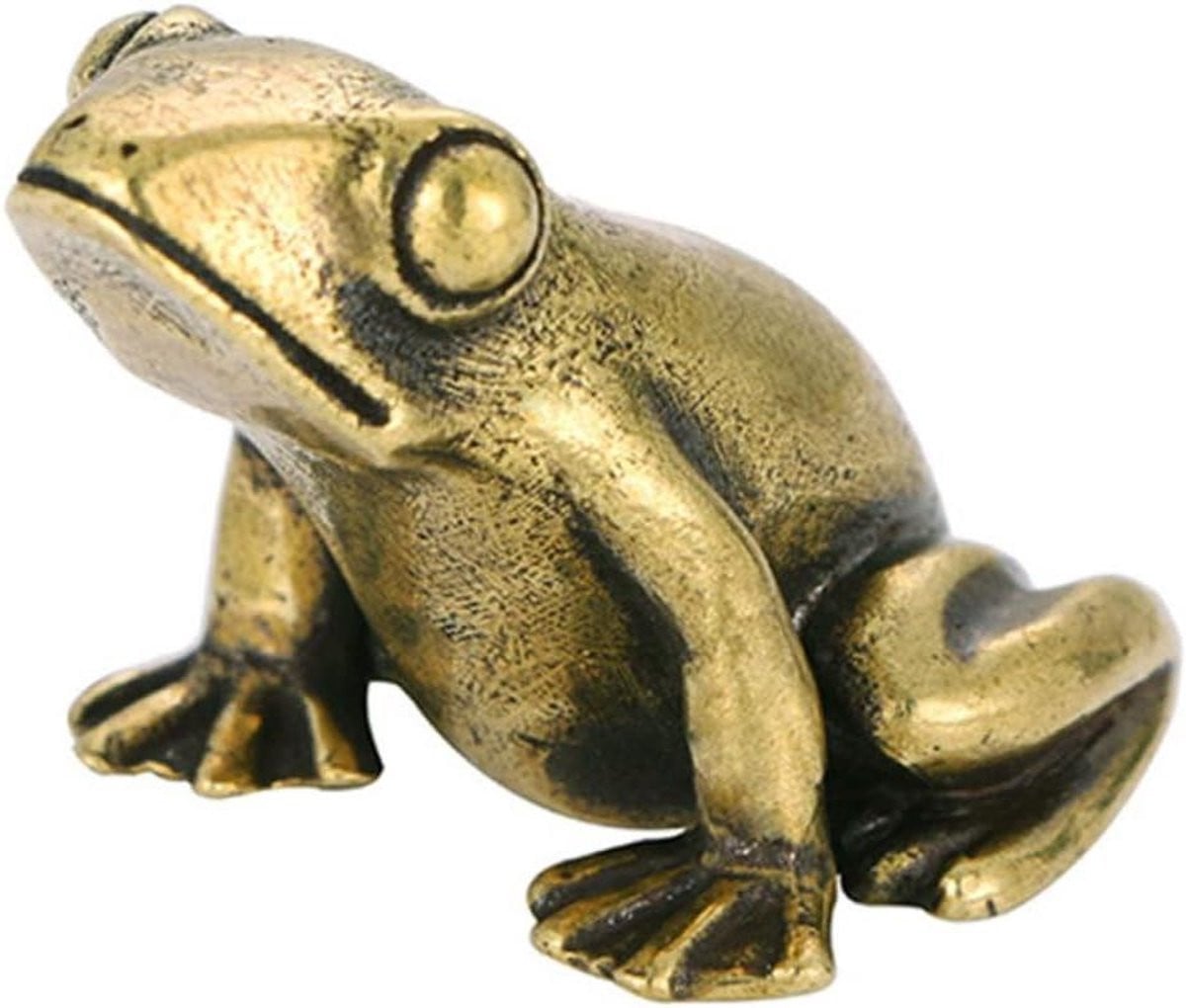 Goudkleurig Kikker Beeldje van Massief Messing voor Feng Shui Decoratie, Lengte: 4,4 cm