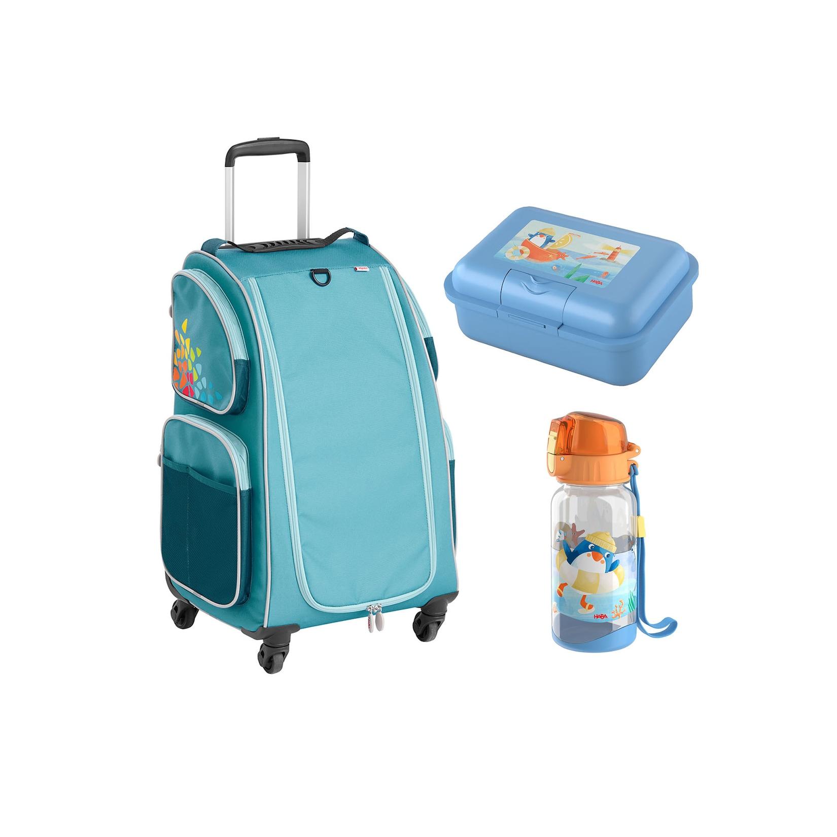 HABA Unisex Kinderkoffer Schranktrolley 4 Rollen, Brotdose und Trinkflasche 1er Pack