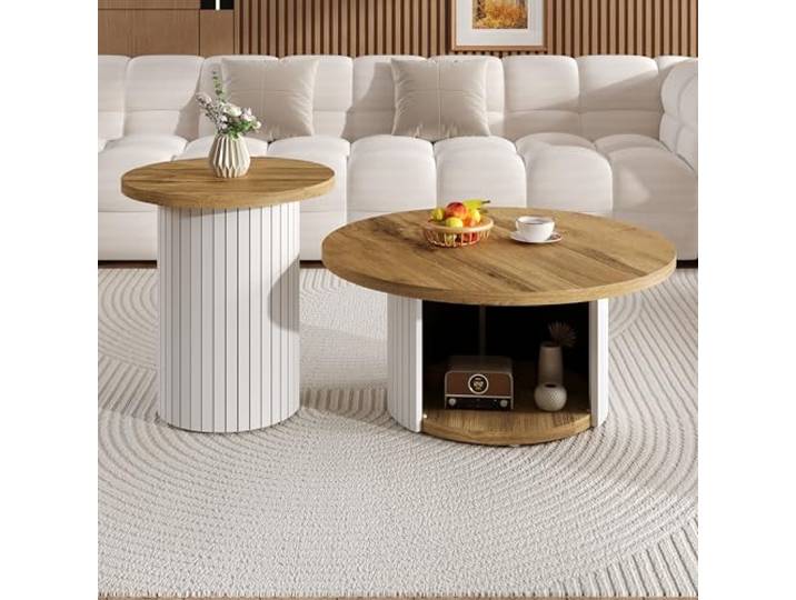 ModernLuxe Runder Couchtisch Set, 2-teiliges Wohnzimmertisch Set aus Naturholz, Doppelter runder Tisch mit Beistelltisch,Skandinavischer Beistelltisch für Wohnzimmer,Holzfarbe + Weiß