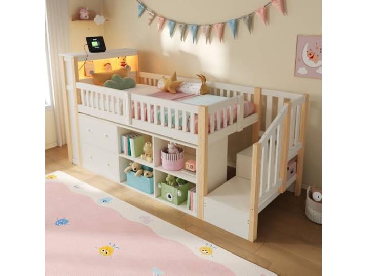 BXEYXE Hochbett, 90 x 200 cm, mit Schubladen, Staufächern, trapezförmigem Schrank, LED-Beleuchtung, Matratze Nicht enthalten,Natur