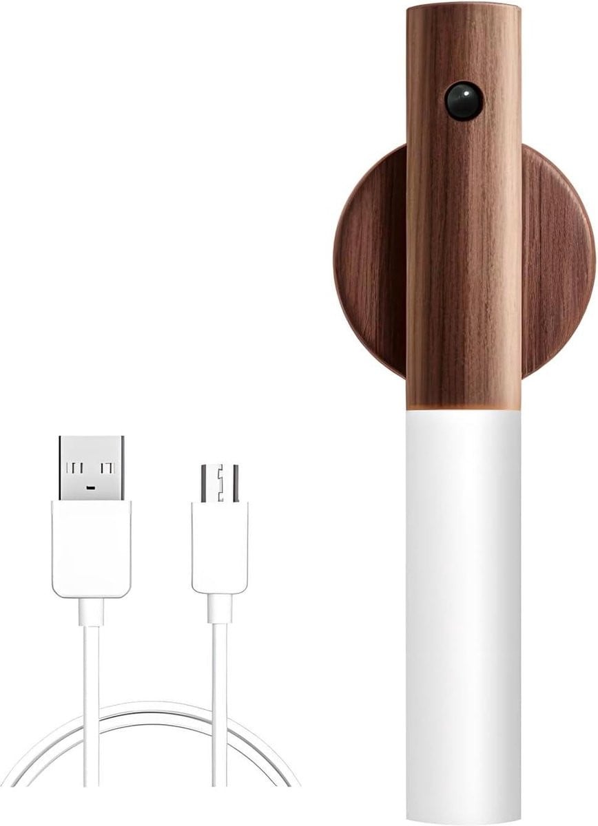 Oplaadbare houten wandlamp met bewegingsmelder en LED - Warmwit - Draadloos met USB-oplaadbare accu