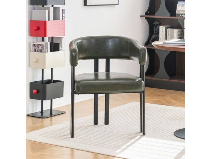Chaise de salle à manger - Forme baquet - Similicuir vert - Accoudoirs & dossier incurvé - Piètement métal