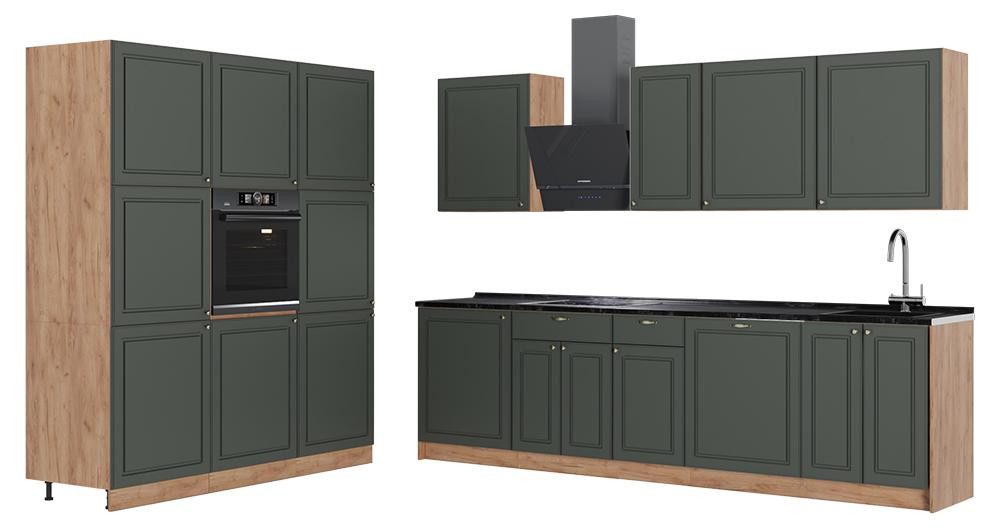 Vicco Fame-Line Keukeneenheid Groen-Goud Landhuis/Goudkleurig Eiken met Antraciet Werkblad, 460 cm, Model 63797