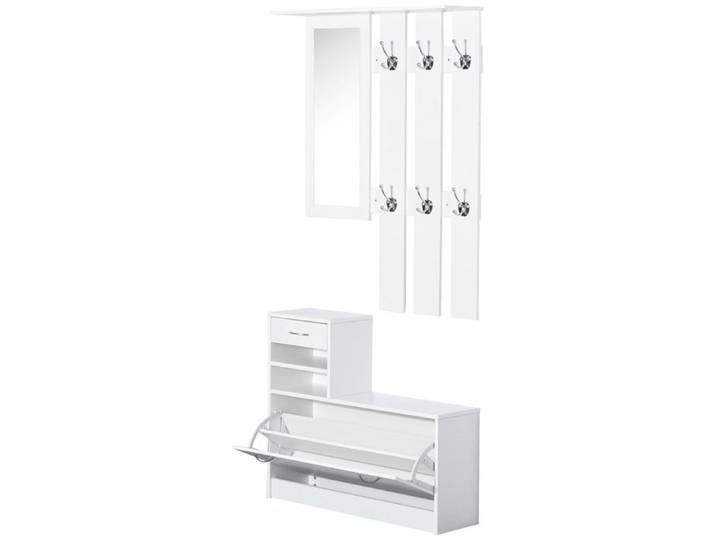 LIA Meuble entrée vestiaire 3-en-1 Blanc Panneau porte-manteau Miroir Banc chaussures 6 crochets Étagère réglable