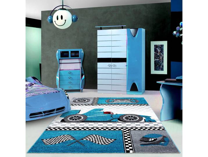 Kinderteppich AYYILDIZ TEPPICHE Kids 460, auch in rund erhältlich Gr. 4, blau, B:160cm H:12mm L:230cm, Kunstfaser, Teppiche, Kinderteppich, Kurzflor, Motiv Rennwagen, Auto, Spielteppich
